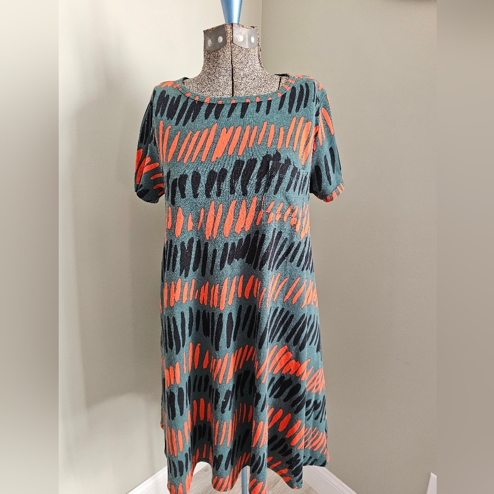 LuLaRoe Carly Orange/Green/Black A-line,Short Sleeve Swing Dress